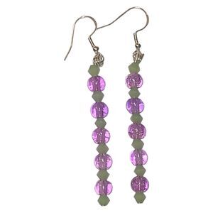 Sterling Silver 925 Purple Acrylic & Green Crystal Glass Bead Dangle Earrings 3"